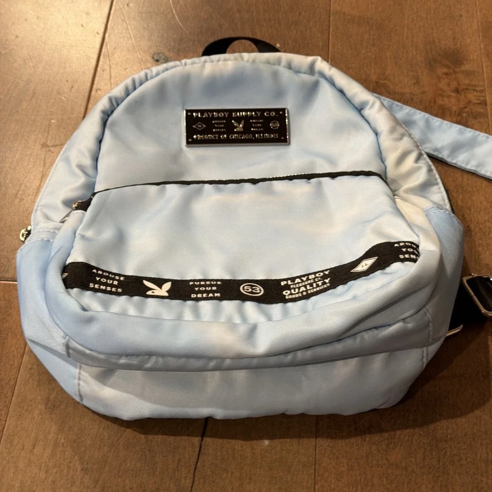 Playboy Blue Nylon Backpack Everyday Travel Daypack Bookbag Adjustable Strap